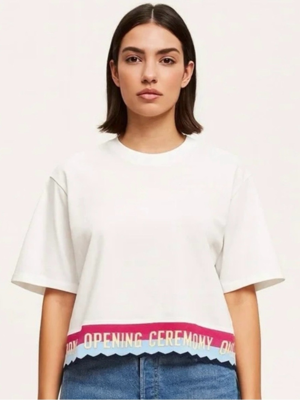 Opening Ceremony White Cropped Tee with Scalloped Edging (Sizes S & M)